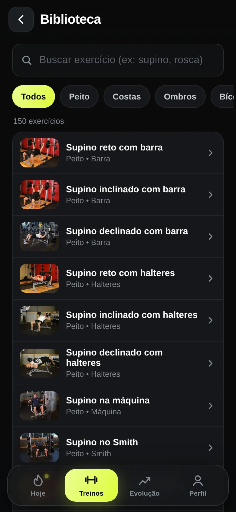 Biblioteca com a busca e os filtros por grupo muscular